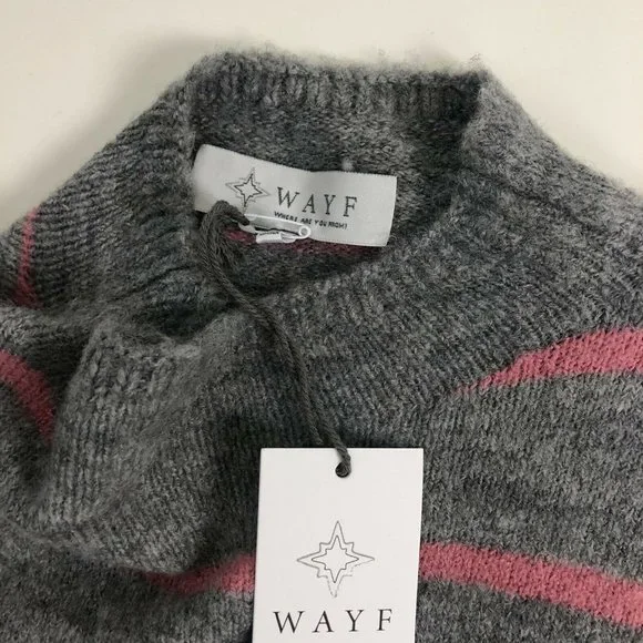 NWT WAYF Mock Neck Tie Waist Wool Blend Sweater Gray Pink Stripe Stretch - Picture 5 of 5